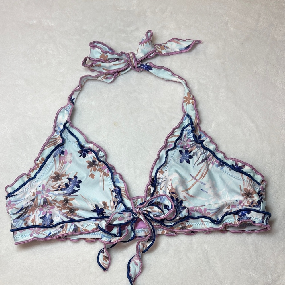 Isabella Rose Swim Floral Halter Swim Top - Blue and Lavender ruffle trim, L
